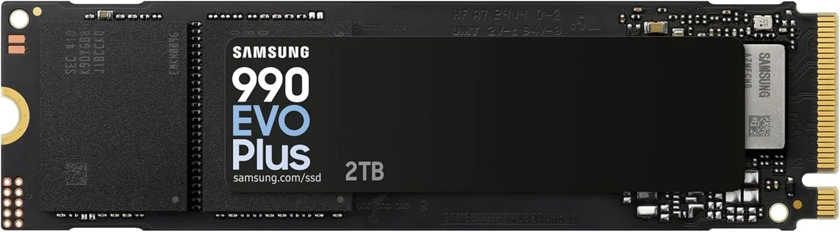 Samsung 990 EVO Plus M.2 internal SSD 2TB, black circuit board with silver controller and label