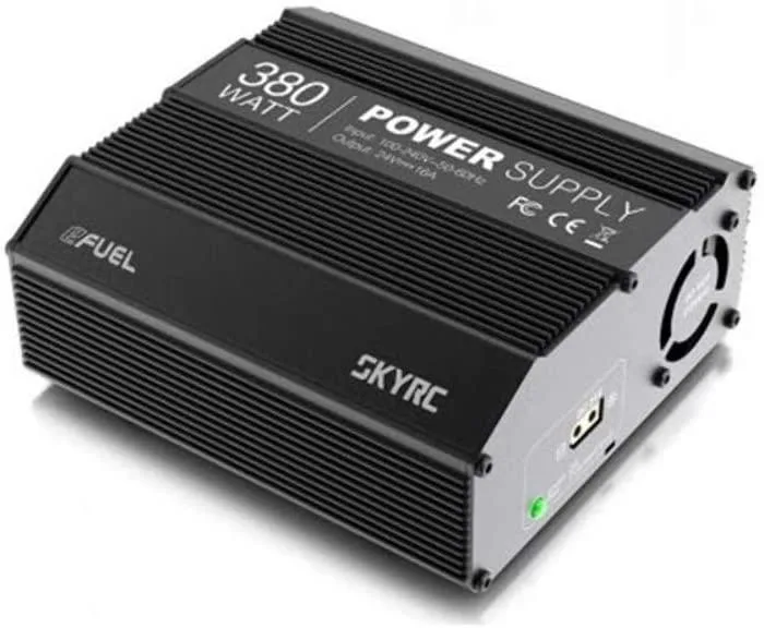 Rectangular black metal power supply unit with cooling fan and LED indicator, 165 by 139 by 59.5 mm