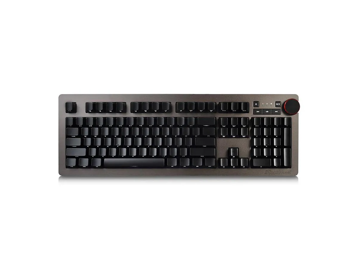 Black full-size wired mechanical keyboard with white backlighting and side-printed keycaps