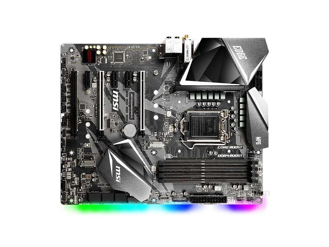 ATX motherboard, black PCB with silver heatsinks and I/O shield