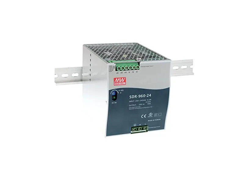 Rectangular metal DIN-rail power supply with ventilation slots and terminal blocks