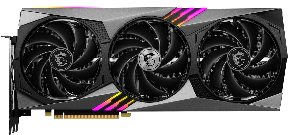 Black triple-fan graphics card with silver accents, full-length metal backplate, and 16-pin power connector