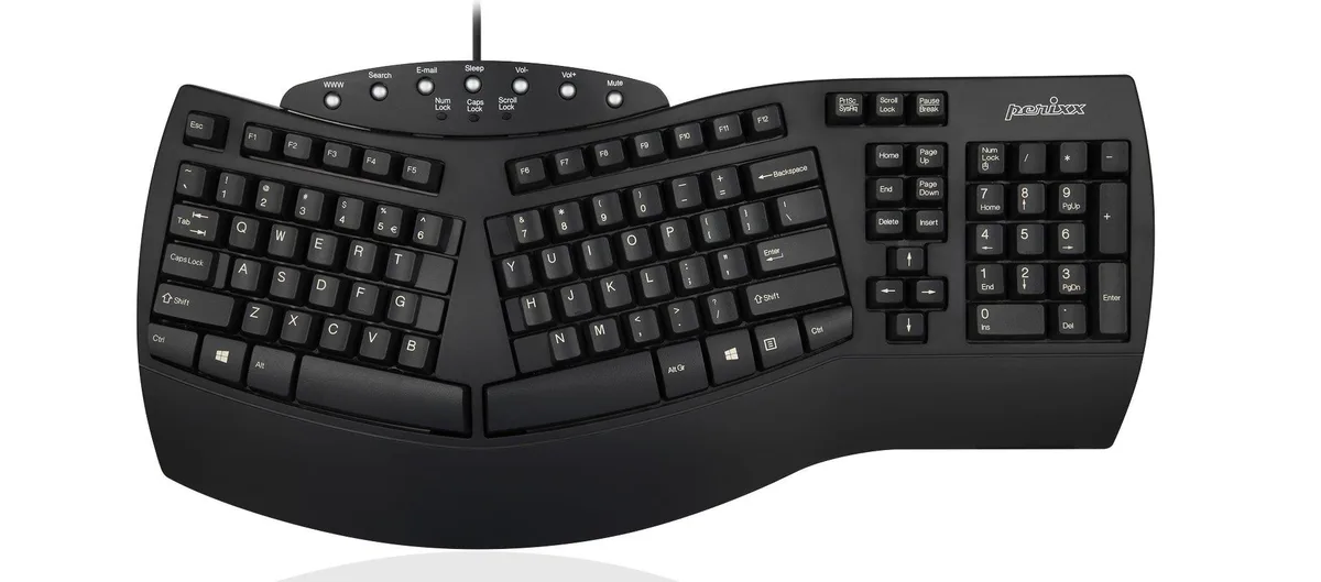 Black ergonomic split gaming keyboard with integrated palm rest and multimedia keys