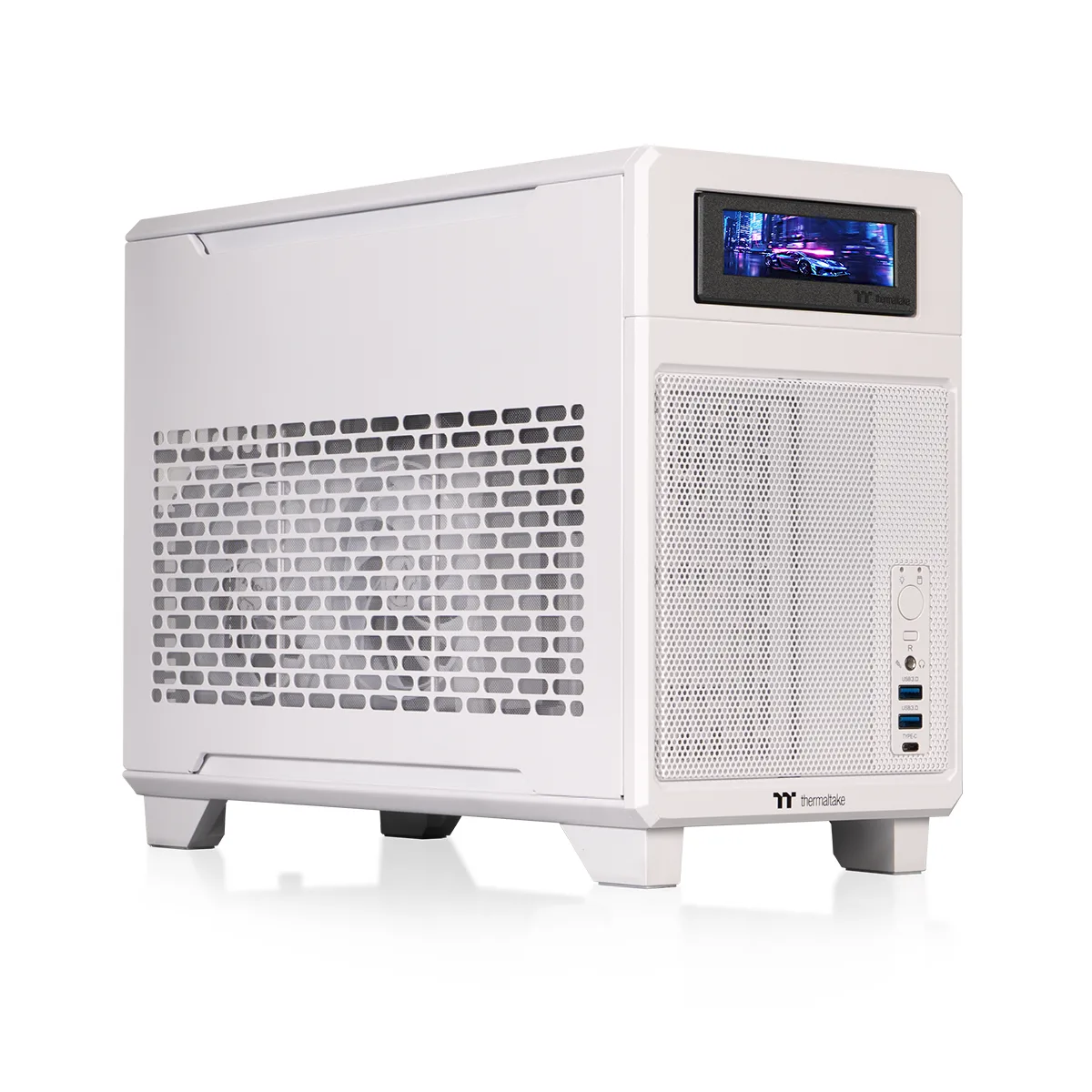 Compact white Mini-ITX gaming desktop with 240mm ARGB liquid cooler visible through glass side panel