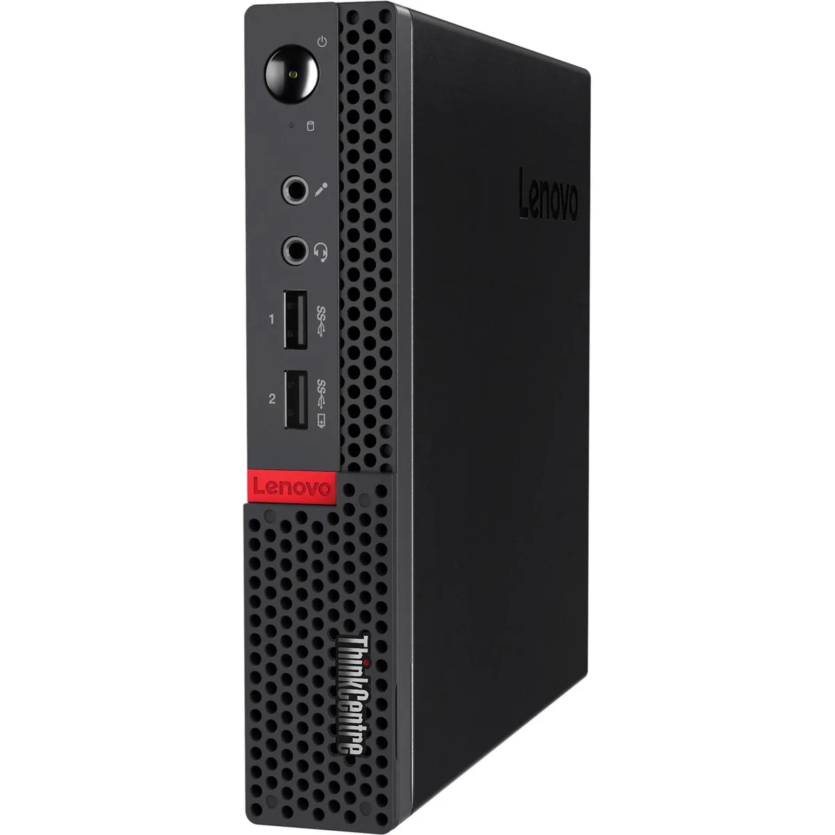 Tiny black Lenovo ThinkCentre M625q mini desktop, 1 litre chassis, horizontal or vertical orientation