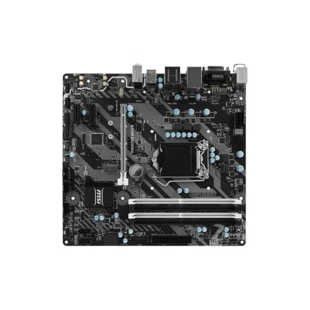 MSI B250M BAZOOKA micro-ATX motherboard, black PCB with silver heatsinks and grey slots