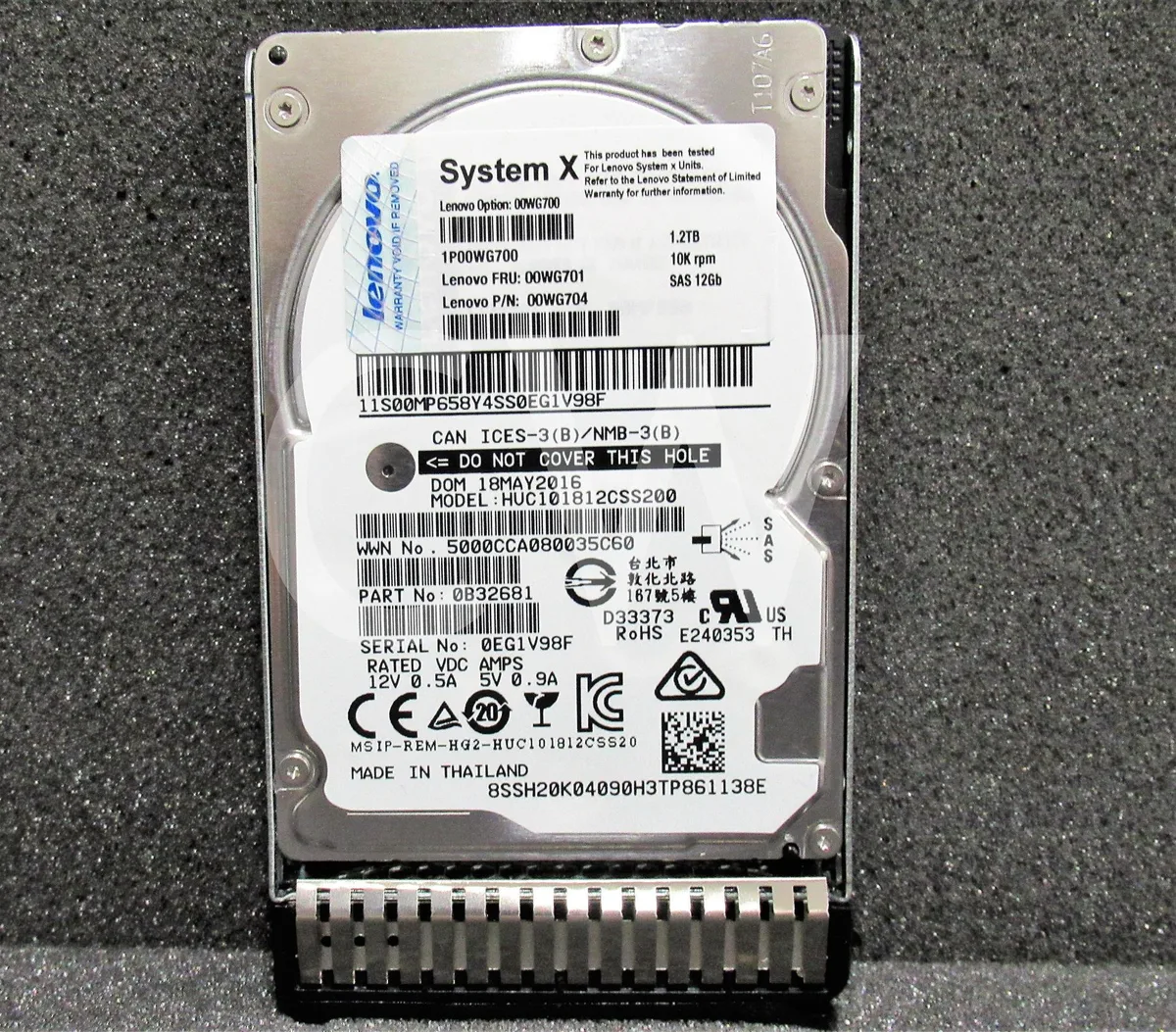 2.5 inch SAS hard drive in silver metal caddy tray
