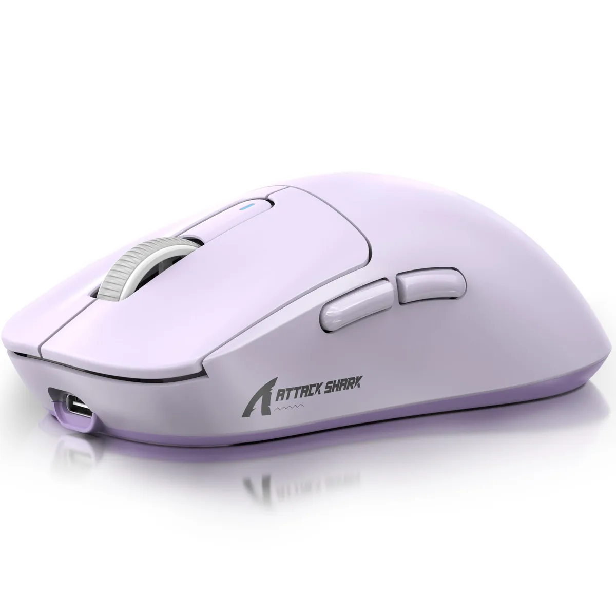 Lavender ambidextrous wireless gaming mouse with six buttons and symmetrical shape