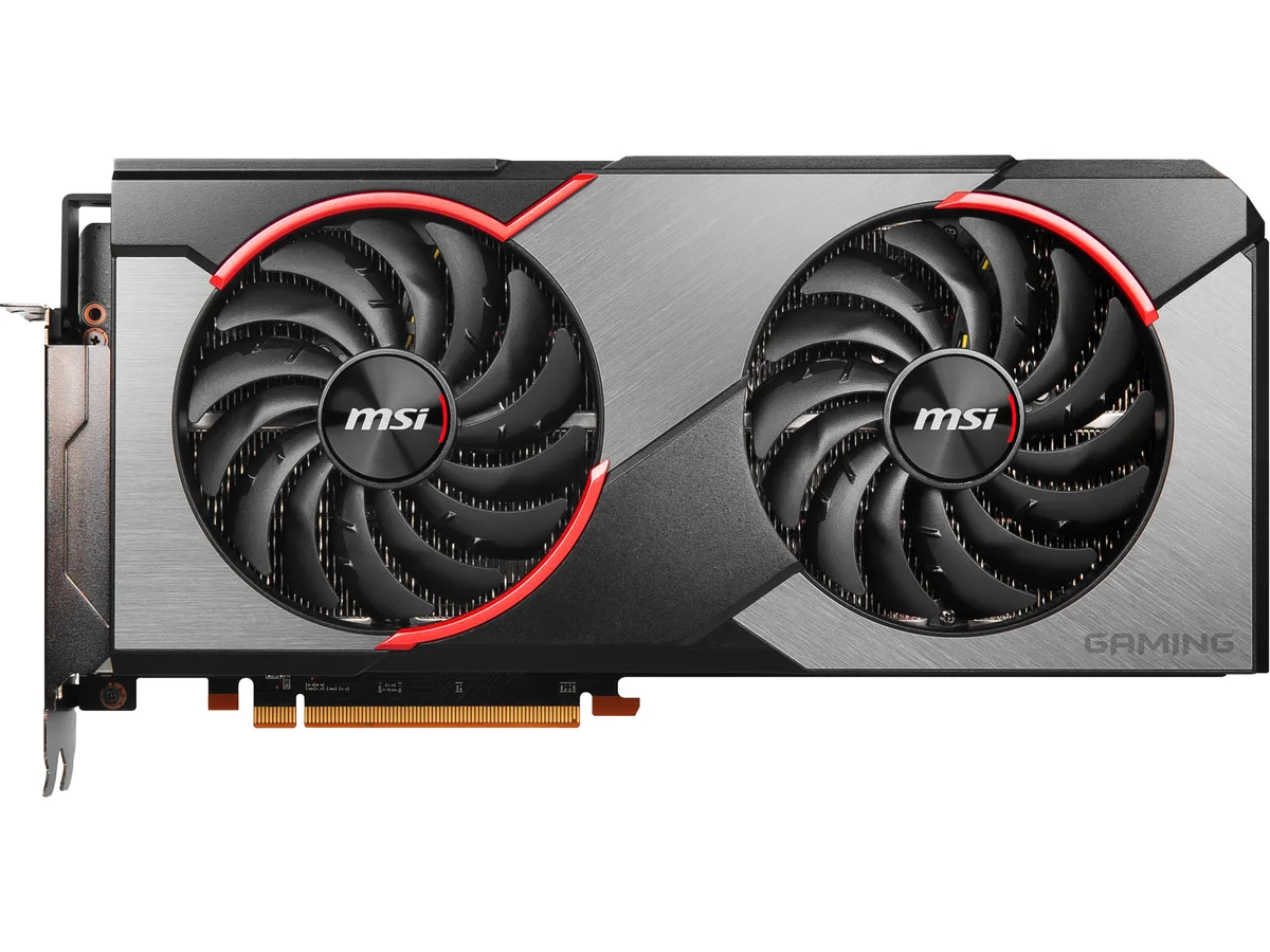 Gray dual-fan graphics card with silver backplate and MSI branding