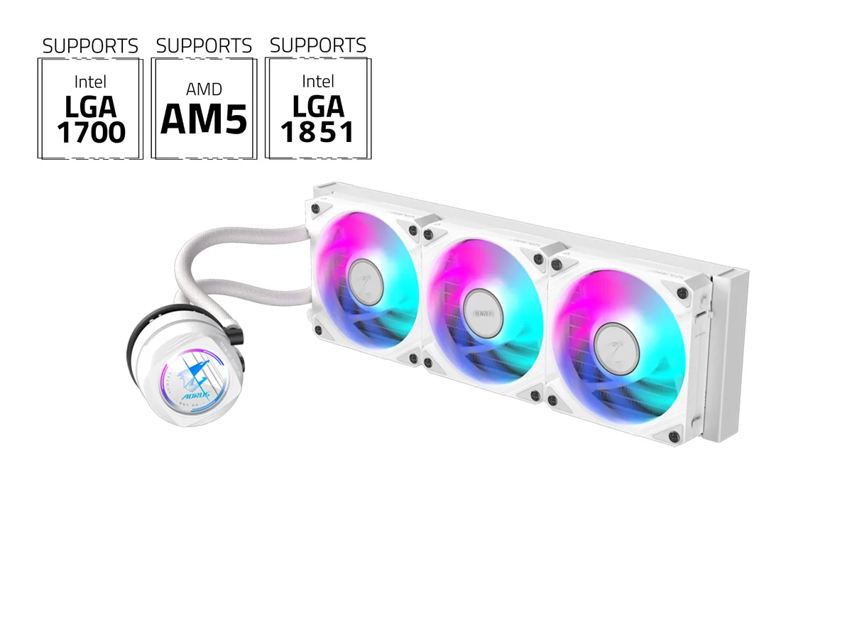 White 360 mm radiator with three 120 mm ARGB fans and matching pump block