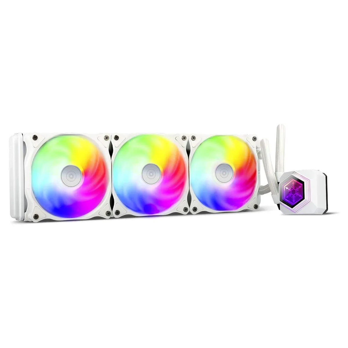 White 360 mm AIO with three white 120 mm ARGB fans and a white water block