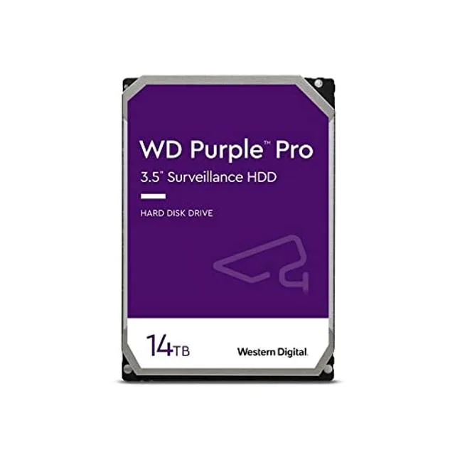 Silver 3.5 inch internal hard drive labelled WD Purple Pro 14 TB