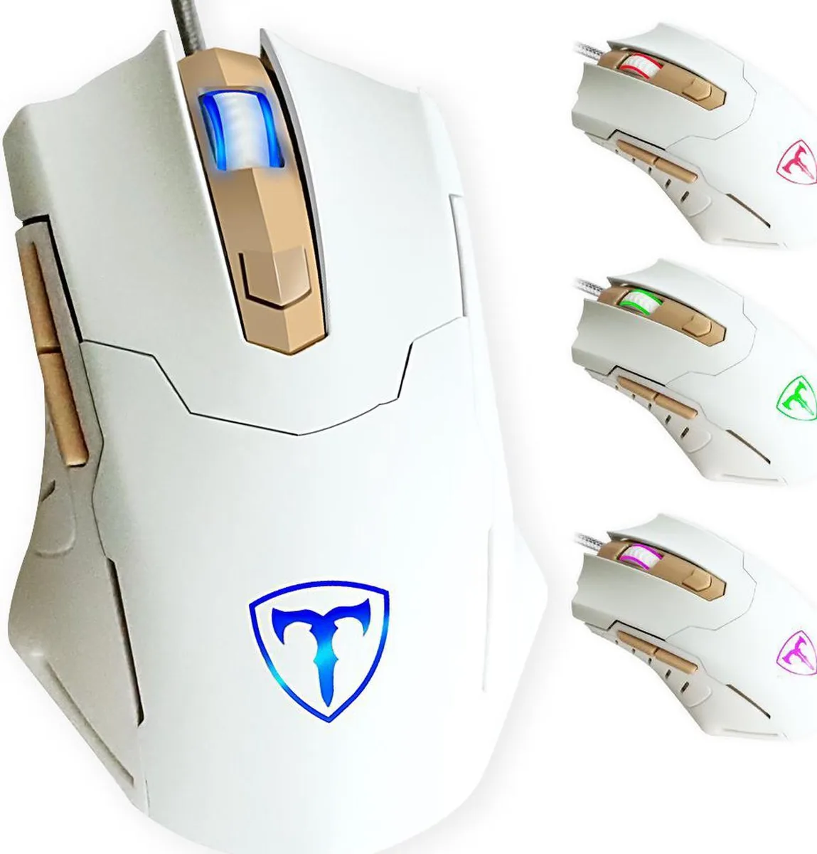 White wired gaming mouse with ergonomic shape and multicolour backlighting