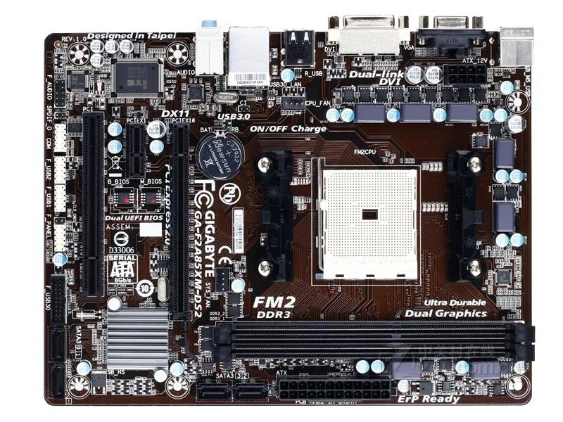 GIGABYTE GA-F2A85XM-DS2 ATX motherboard with DDR3 slots and AMD A85X chipset