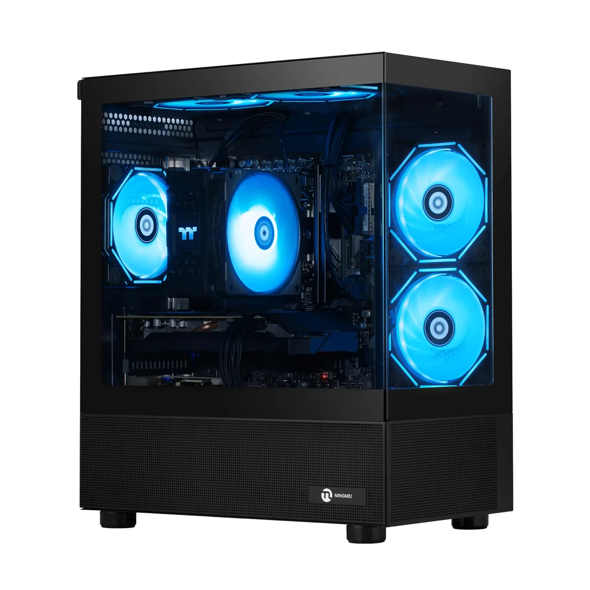Black mid-tower desktop with RGB air cooling and six ARGB ring fans