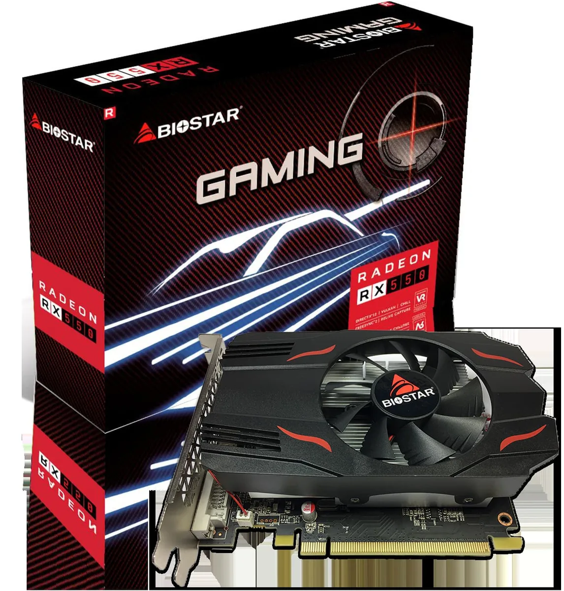 Biostar Radeon RX 550 graphics card with dual-slot air cooler, black shroud, backplate, and DVI HDMI DisplayPort outputs