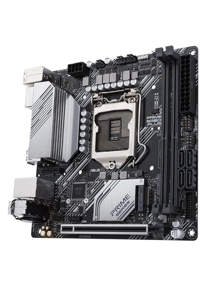 Green Mini-ITX motherboard with silver heatsinks and black I/O shield