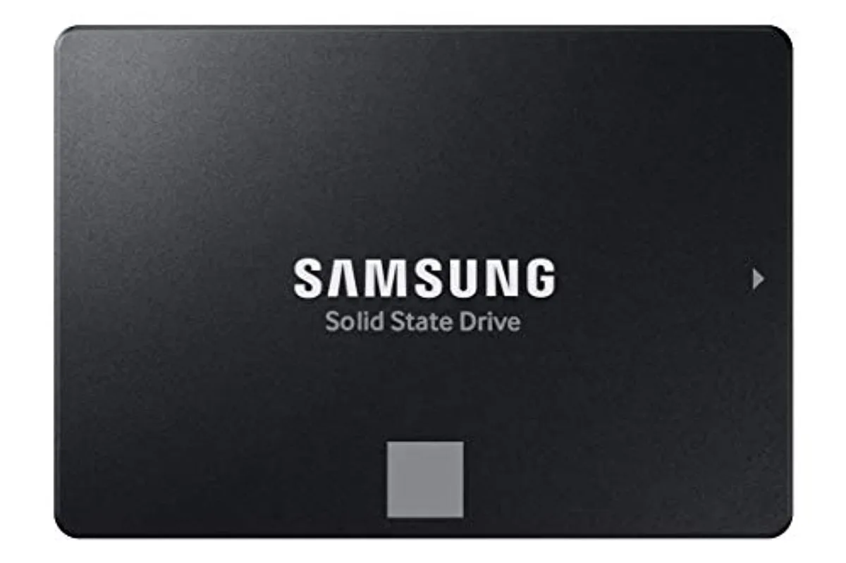 Rectangular 2.5 inch SATA SSD with black metal casing and silver label