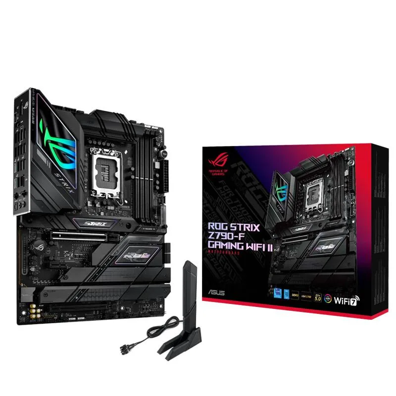 Black ATX motherboard with silver heatsinks and ROG branding