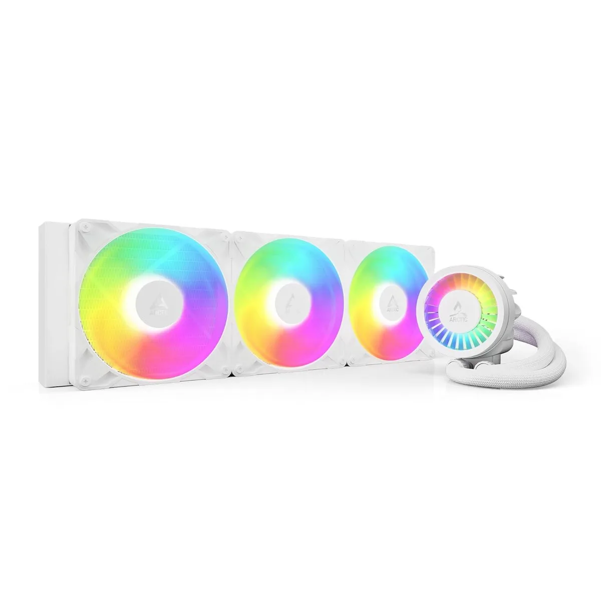 White 420 mm radiator with three 140 mm A-RGB fans and integrated VRM fan