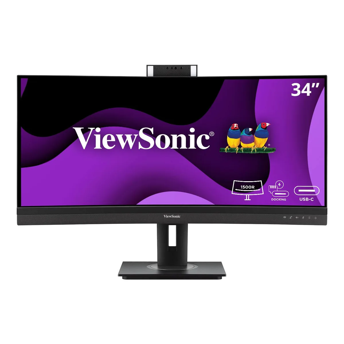 Black 34 inch curved ultrawide monitor with pop-up webcam and thin bezels