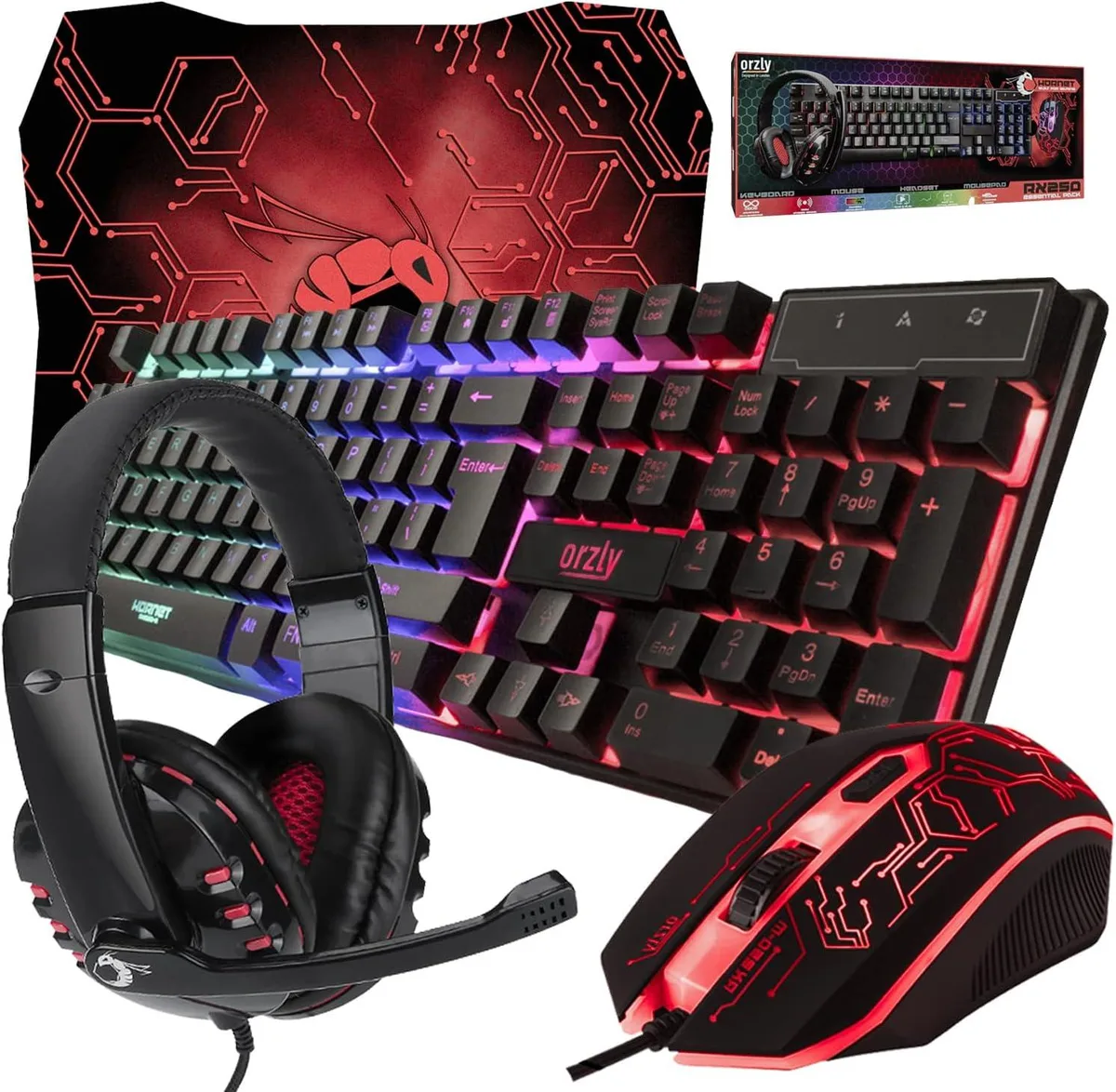 Orzly Orzly Gaming Keyboard Bundle 4 in 1 Black 19 key rollover 3.5mm headset 1200 1600 2400 3200 DPI — fotografia produktu