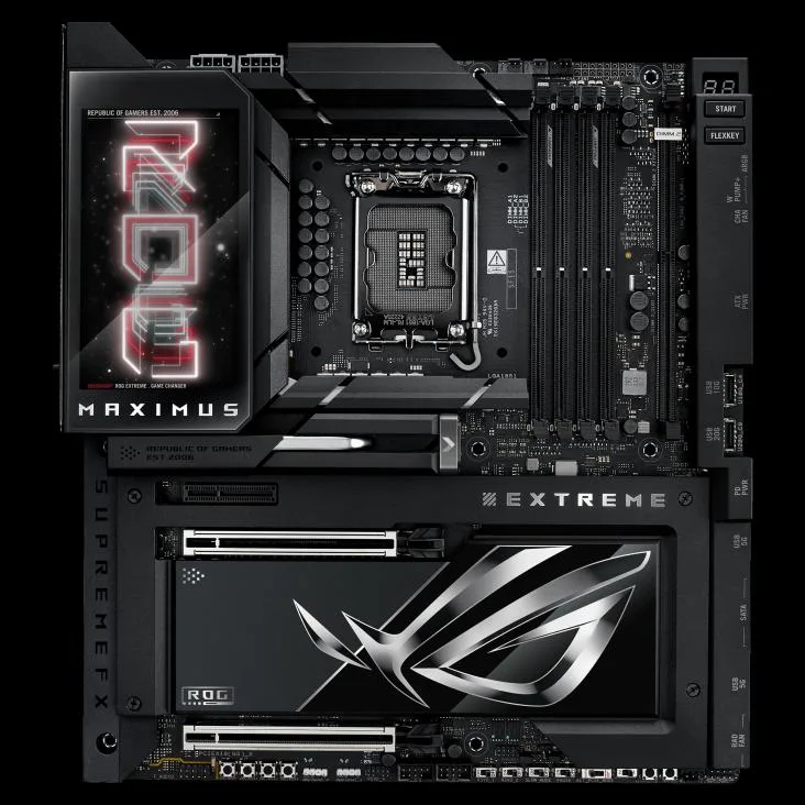 Large rectangular motherboard with black and silver components and a metallic I/O shield