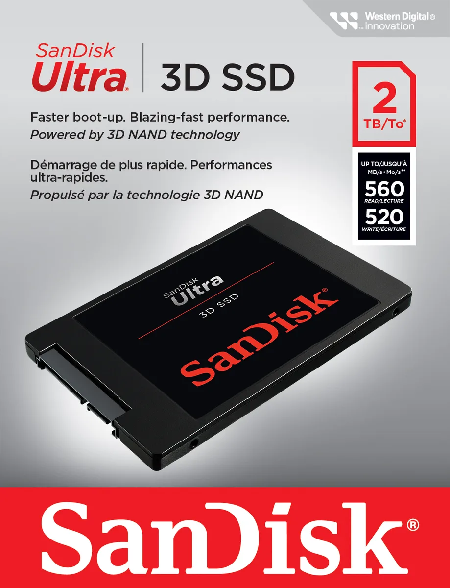Rectangular 2.5 inch black metal SSD with label and gold SATA connectors