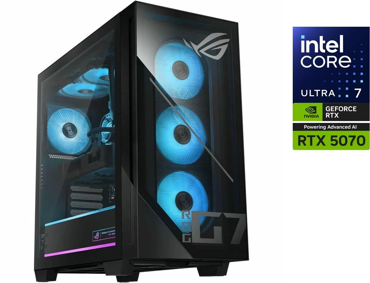Black tower desktop PC with ROG branding and side panel visible