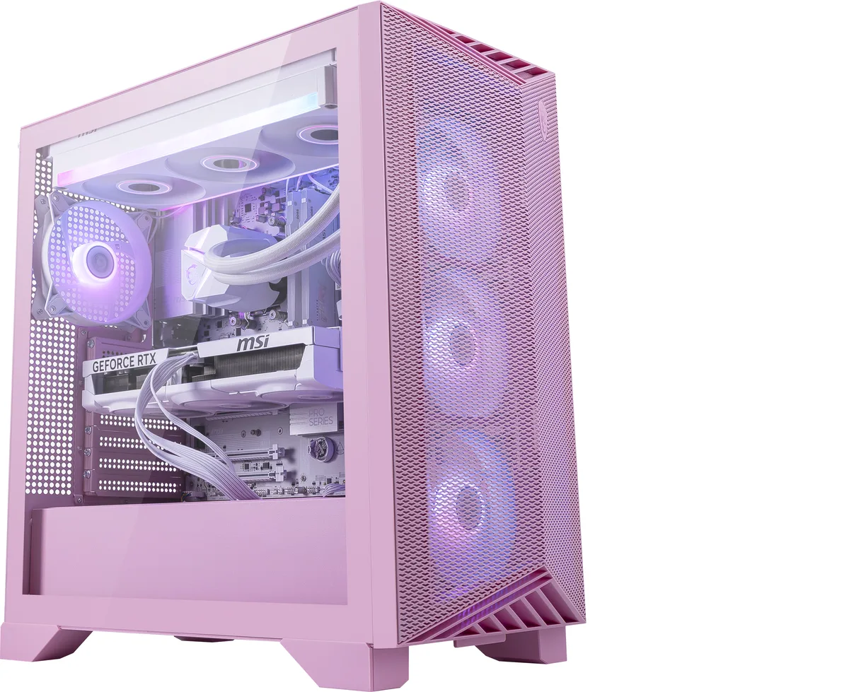 Mid-tower gaming desktop with RGB liquid cooling visible through glass side panel