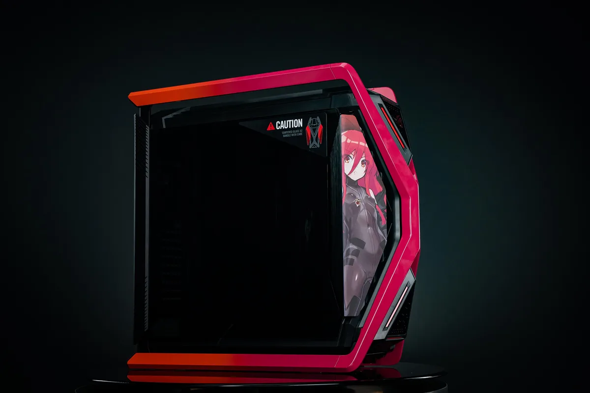 Full-tower E-ATX case in red with tempered glass side panels and UV-printed anime artwork