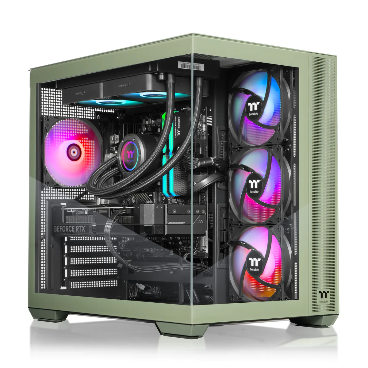 Green mid-tower gaming desktop with tempered glass side panel and visible ARGB liquid cooler