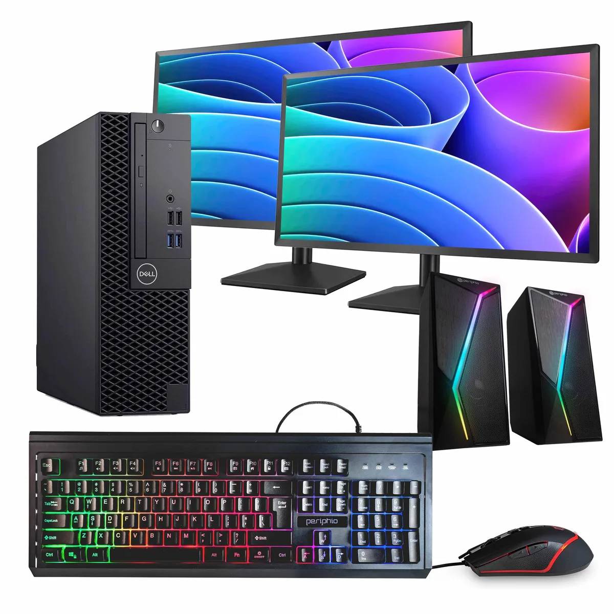 Dell OptiPlex 3060 black desktop tower with dual 24 inch monitors, RGB speaker, keyboard and mouse