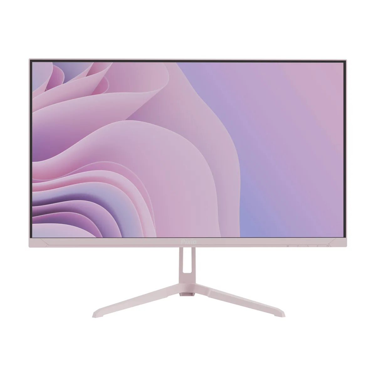 A 24 inch pink gaming monitor with a three sided frameless IPS panel on a matching stand