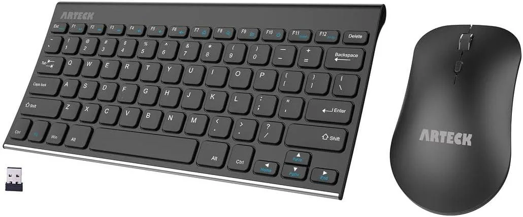 Full-size stainless steel wireless keyboard with ergonomic mouse and nano receiver