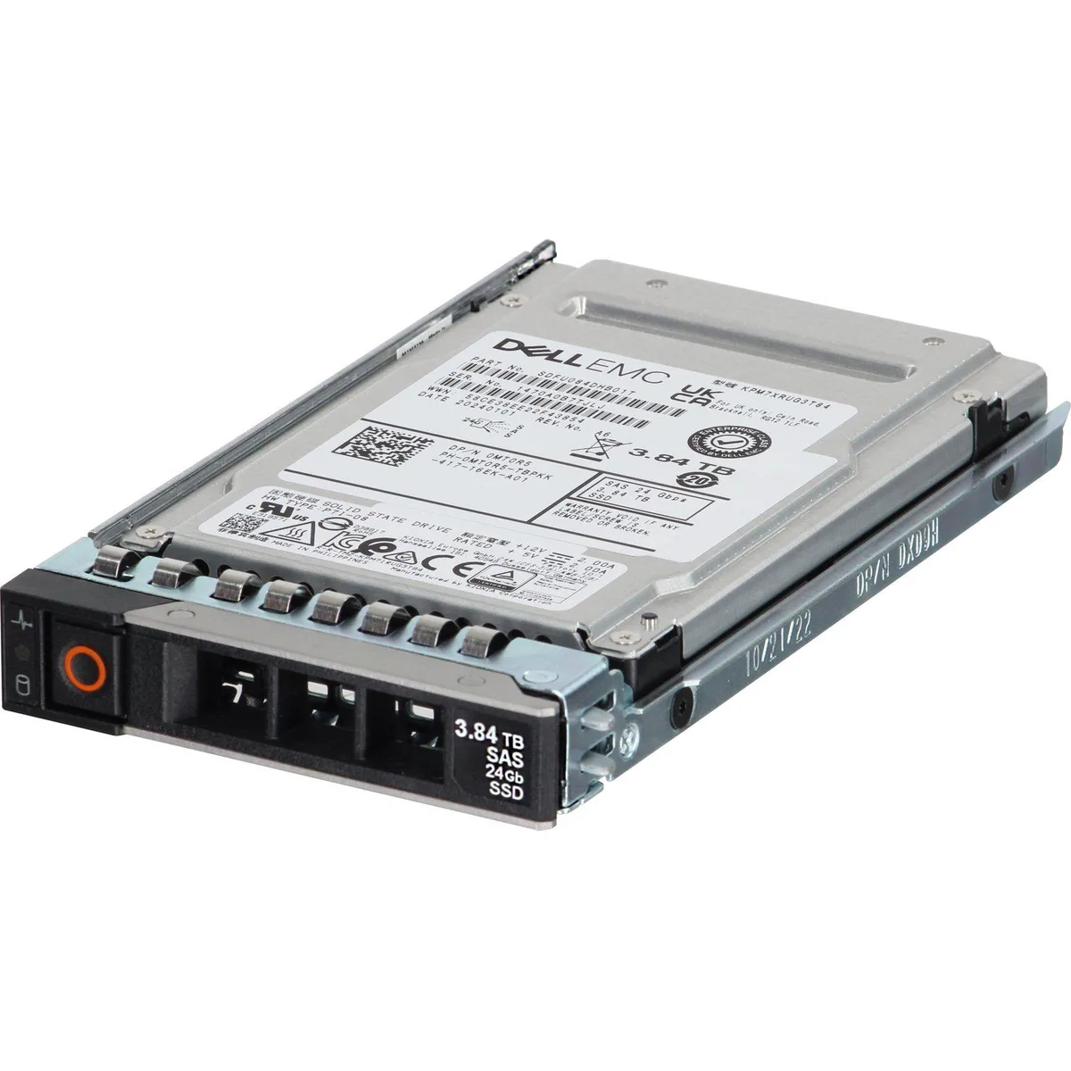 A 2.5 inch Dell enterprise SAS SSD with a black metal casing and gold connector pins