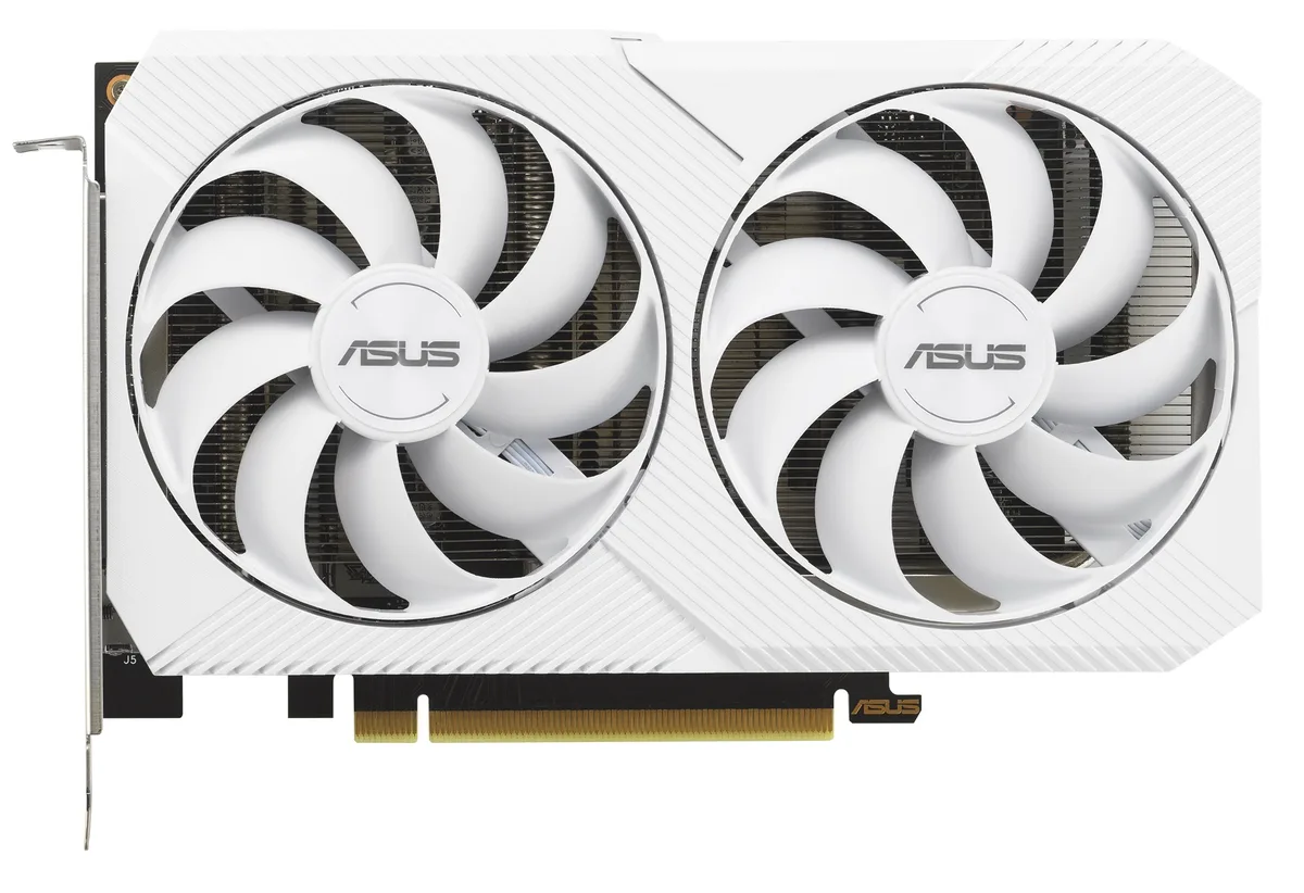 White dual-fan graphics card with silver backplate, two-slot ATX form factor