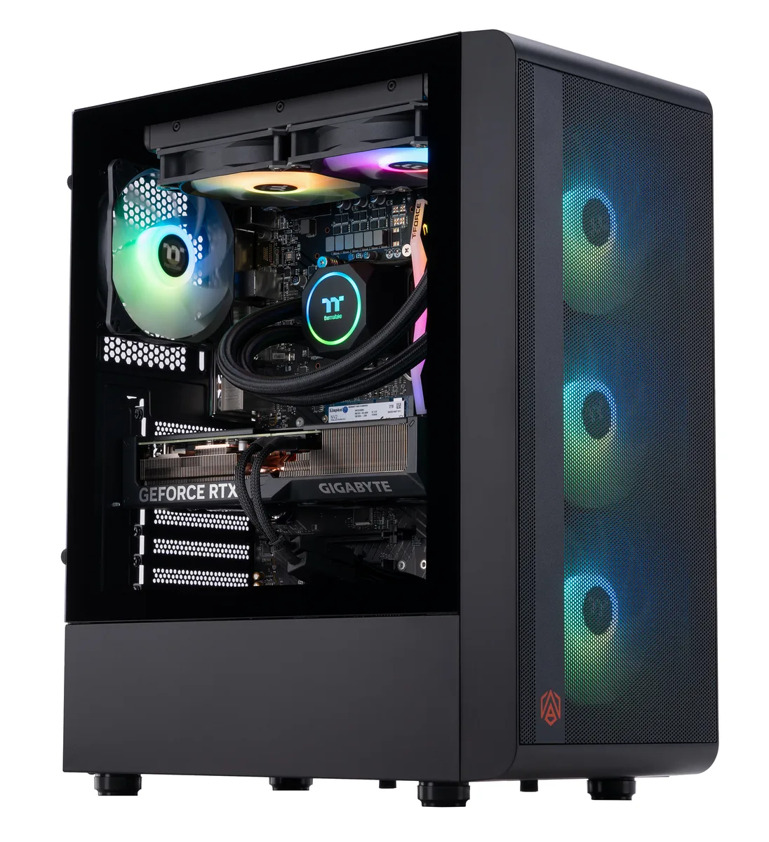Black mid-tower gaming desktop with RGB liquid cooling visible through glass side panel