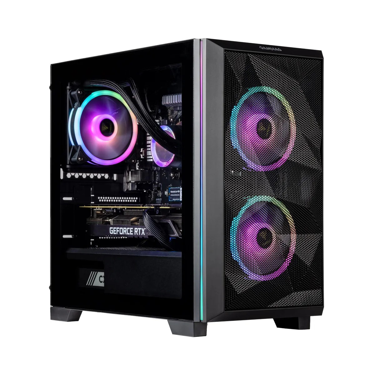 Black micro-tower desktop with RGB-lit 120mm AIO cooler visible through side panel
