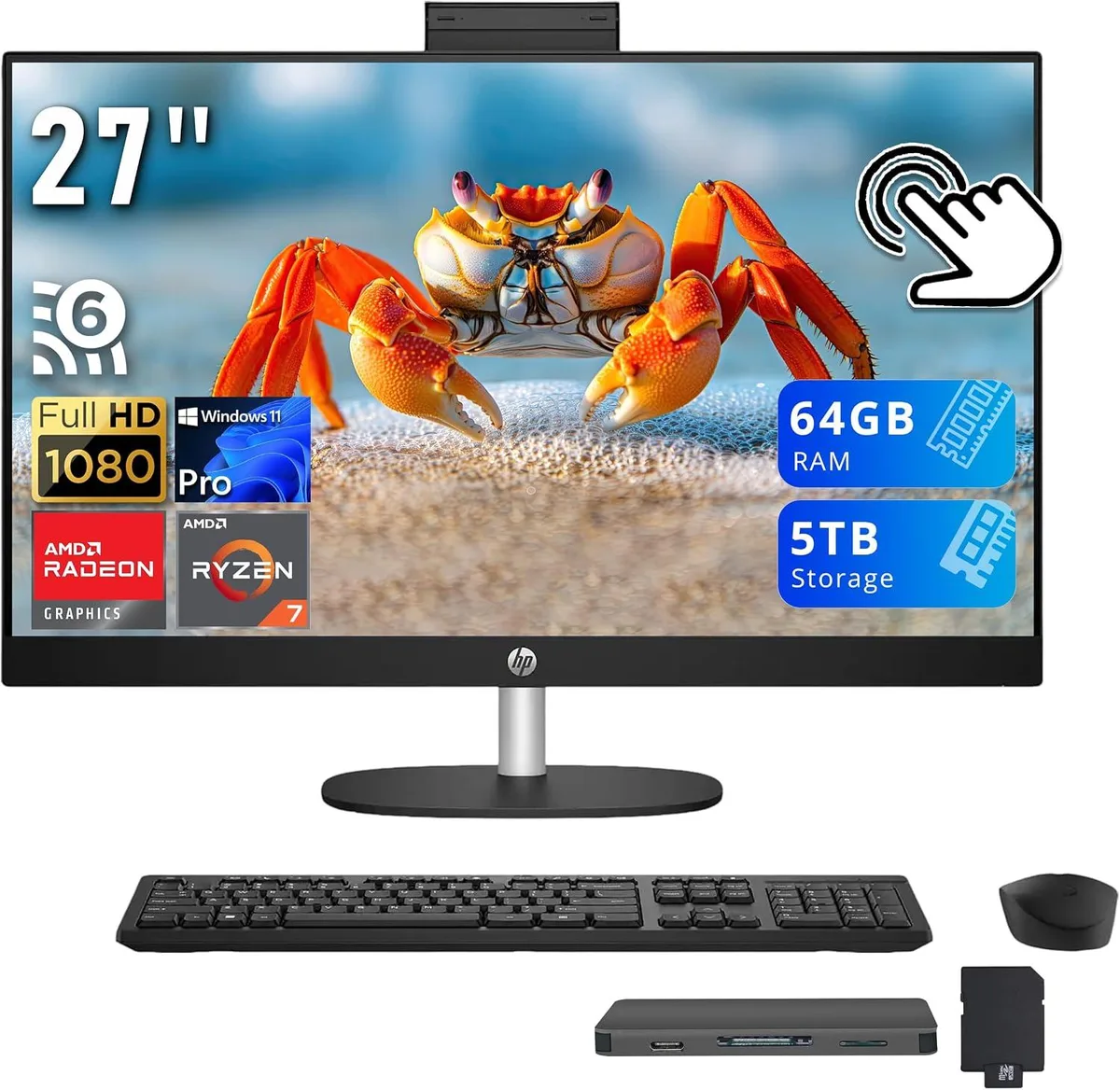 HP HP All-in-One PC 27" FHD Touch AMD Ryzen 7 7730U 64GB DDR4 4TB SSD + 1TB Dock Windows 11 Pro Black — ภาพสินค้า