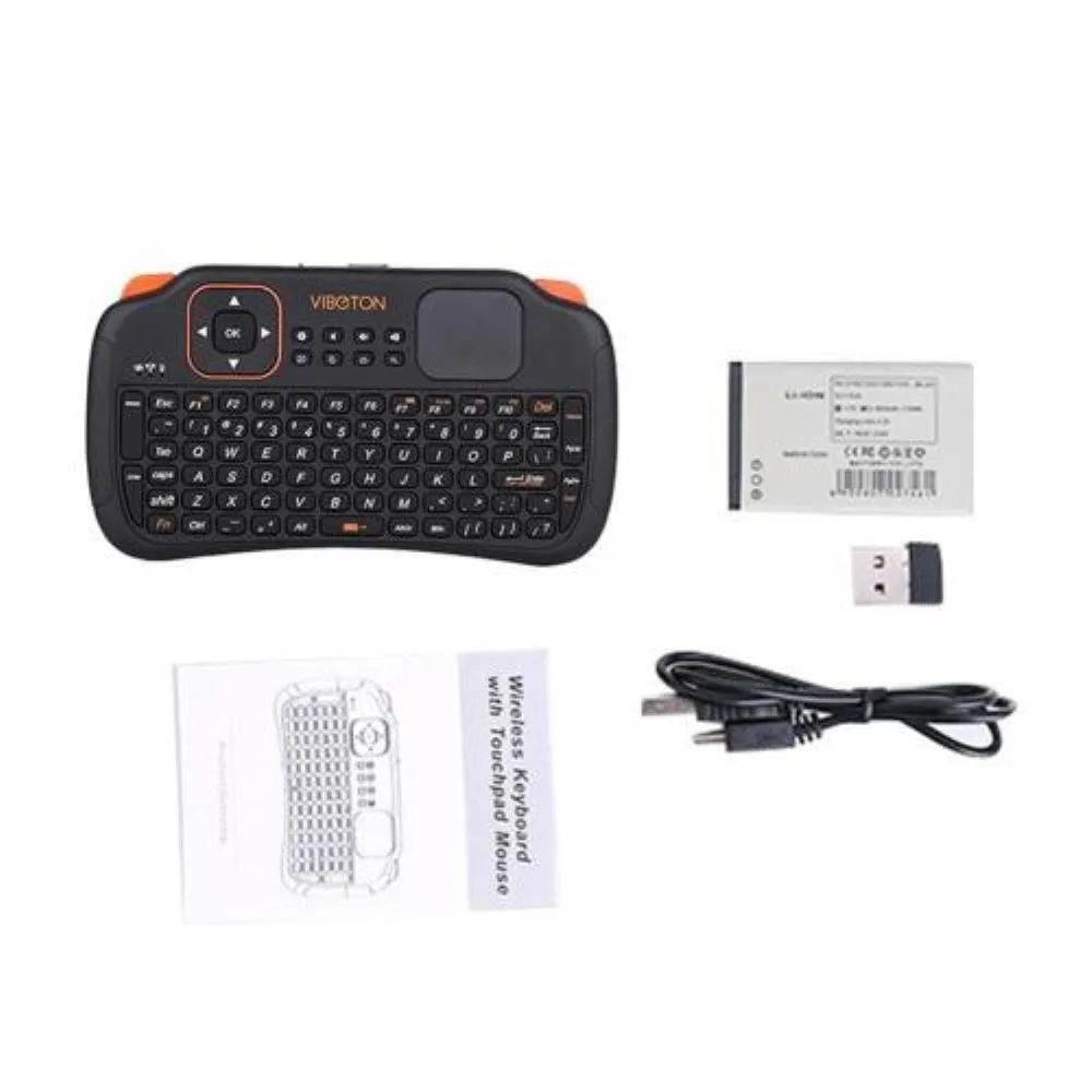 Compact black plastic handheld keyboard with built-in touchpad and thumb buttons