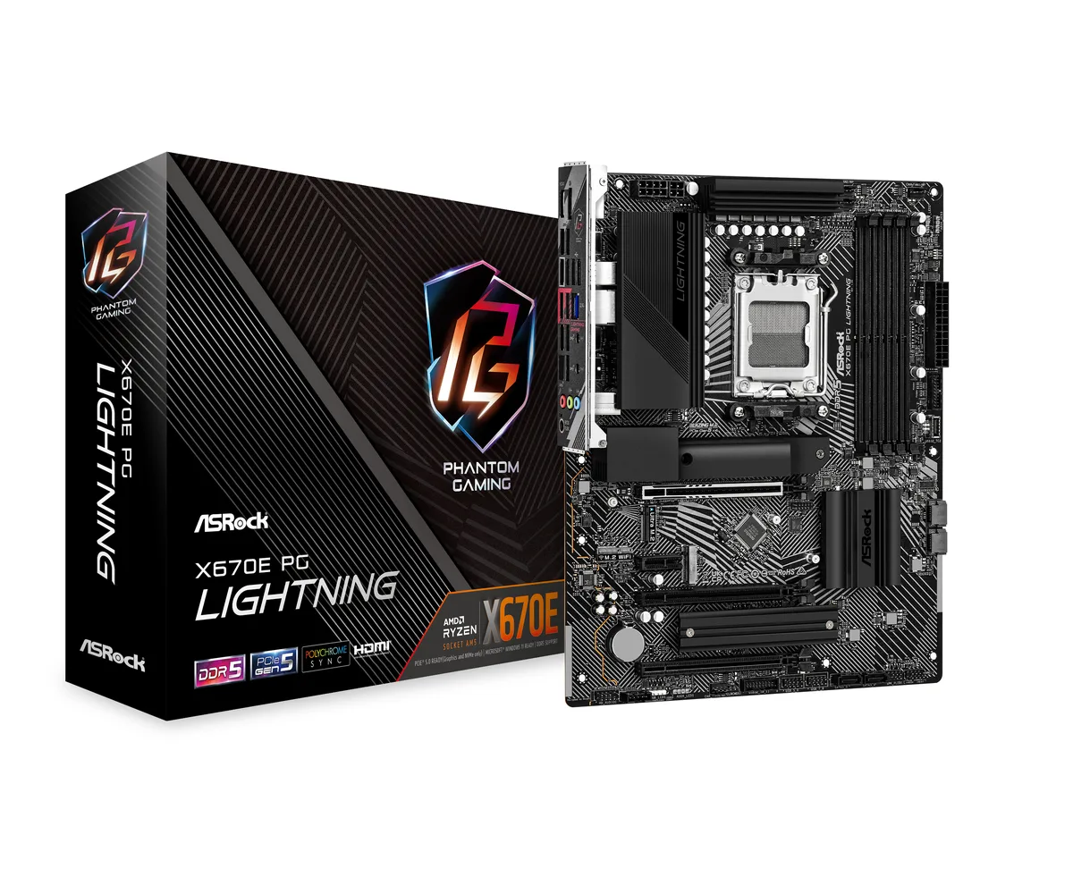 Black ATX motherboard with silver heatsinks and four DDR5 slots