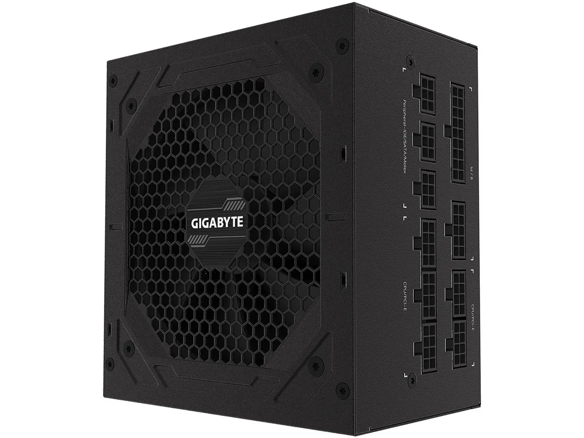 Rectangular black metal power supply unit with modular cable sockets and a 120mm fan grille