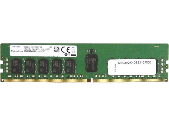 Green rectangular DDR4 memory module with black chips and gold edge connector
