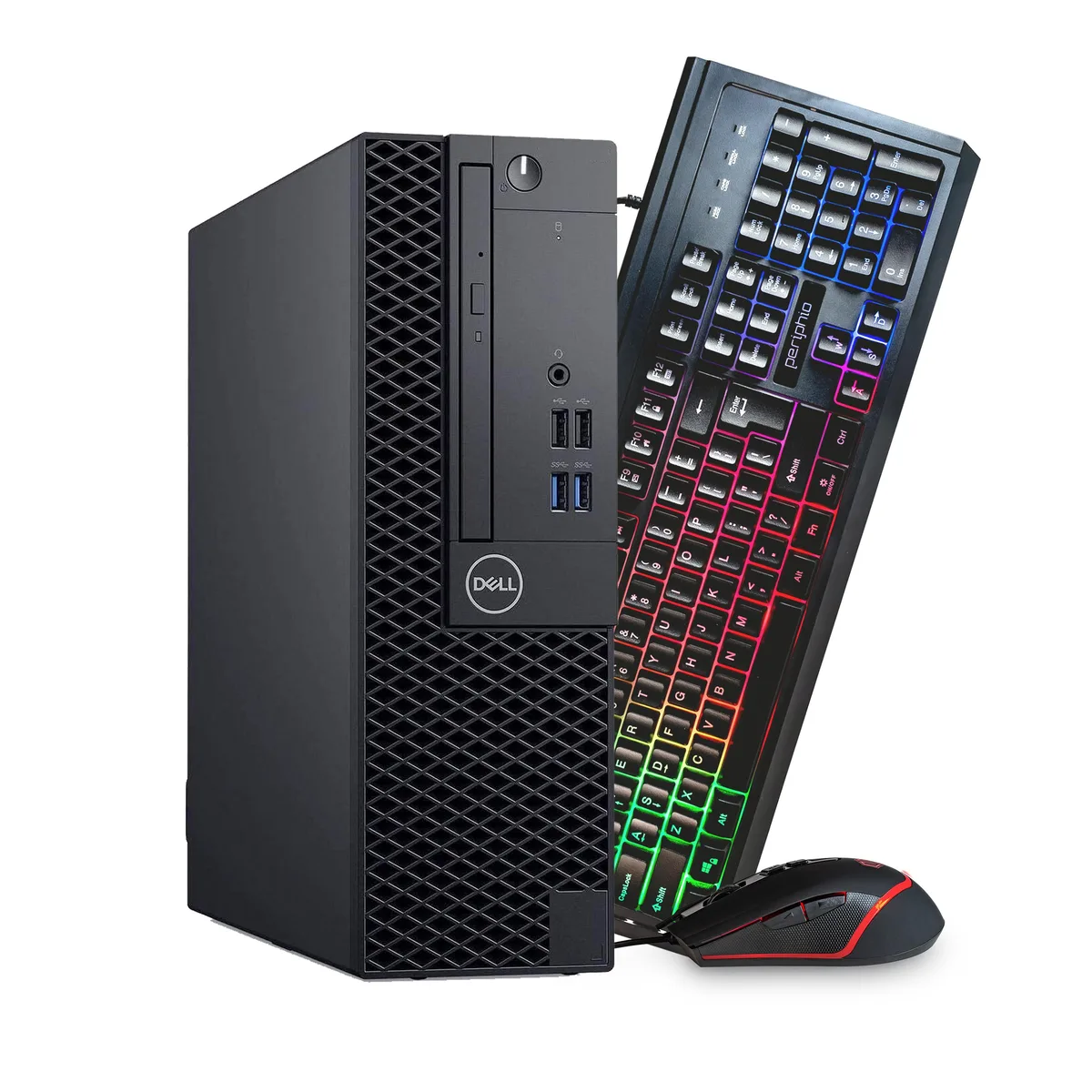 Black Dell OptiPlex 3060 desktop tower with keyboard and mouse