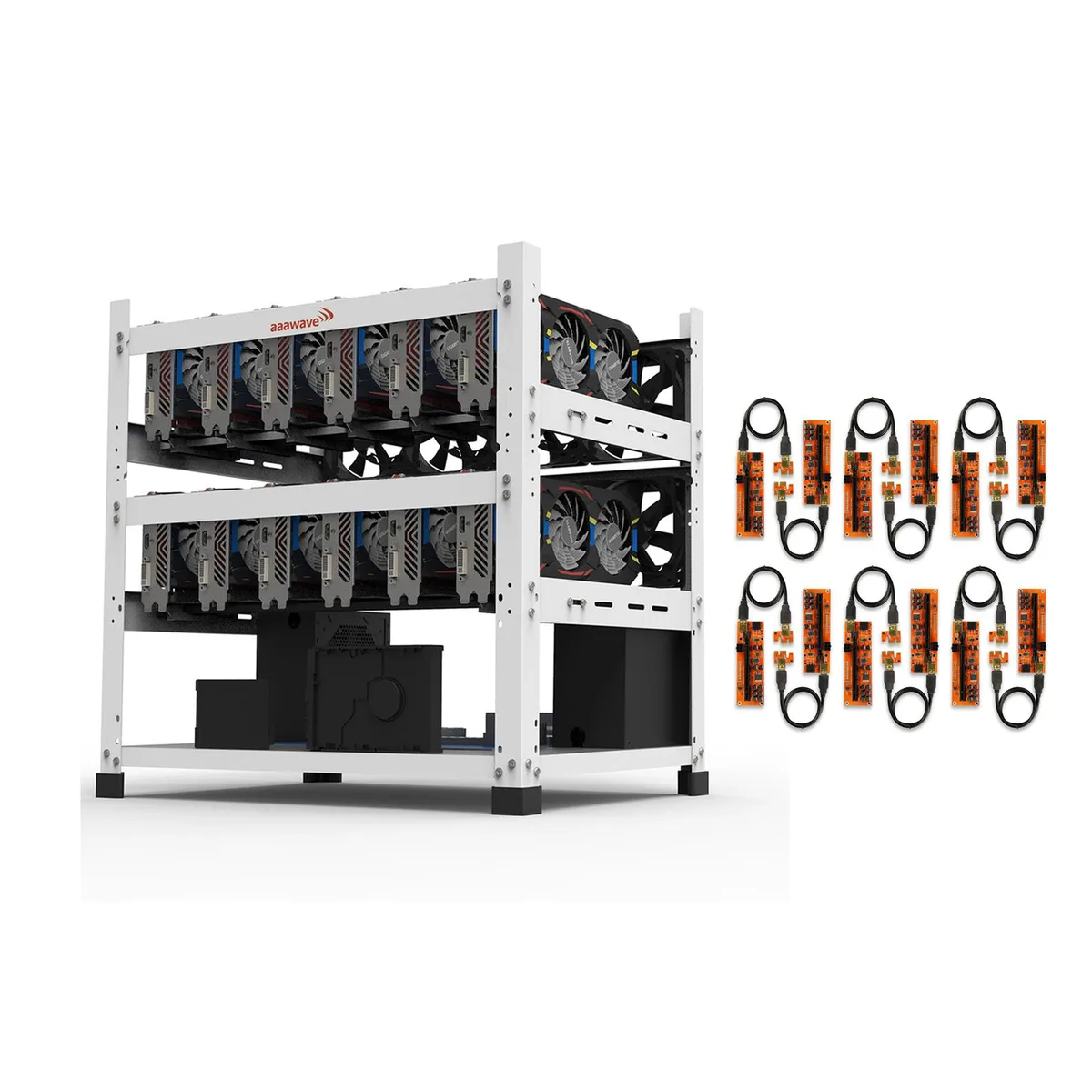 White steel open mining frame with twelve PCIe risers and rubber feet