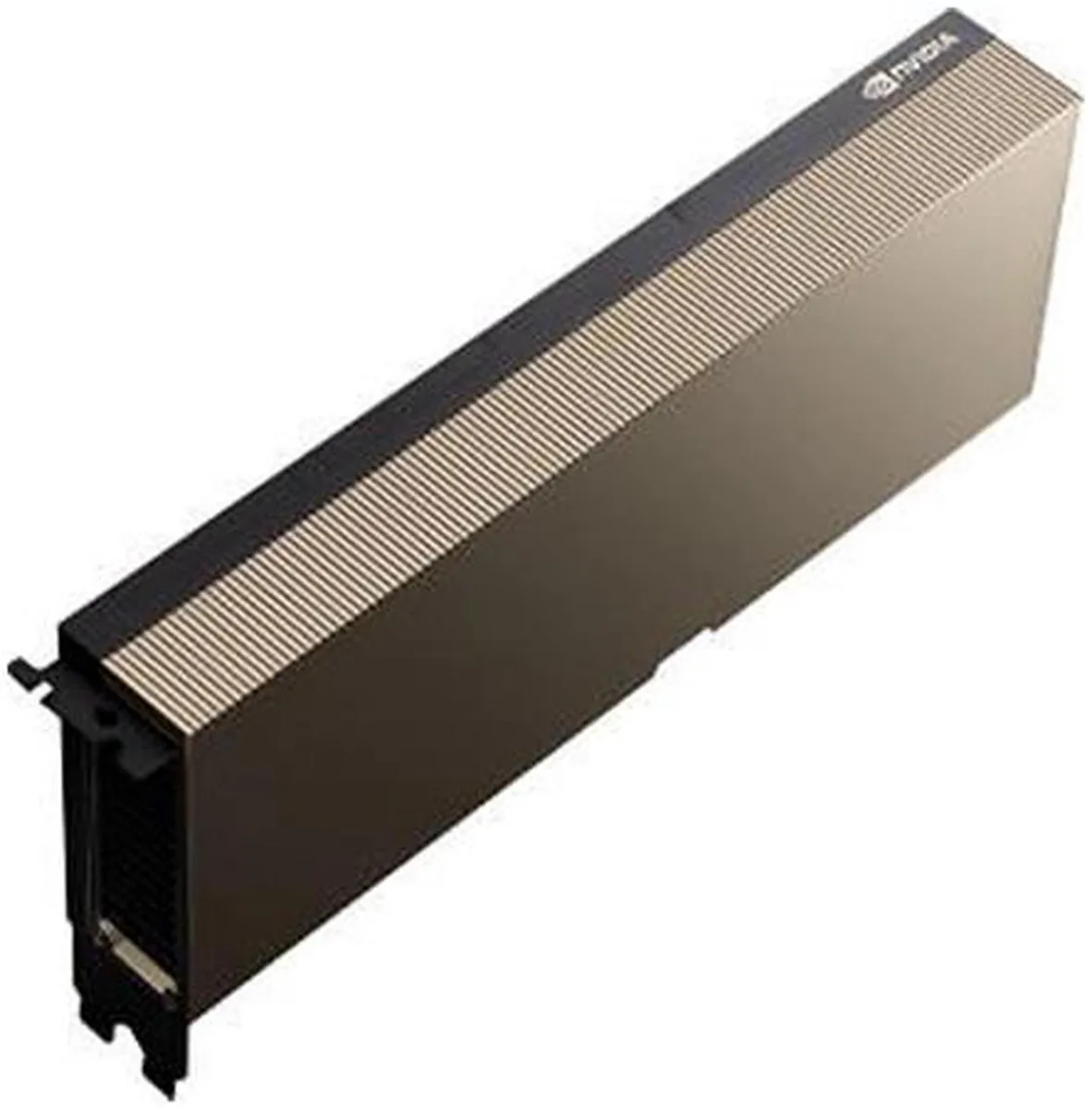 Silver dual-slot GPU card with passive cooler and gold PCIe edge connector
