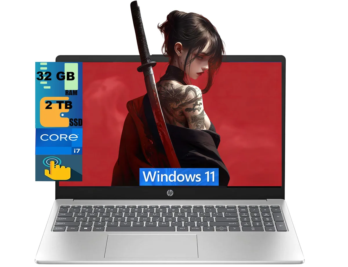 Silver HP 15 laptop open showing 15.6 inch touchscreen display