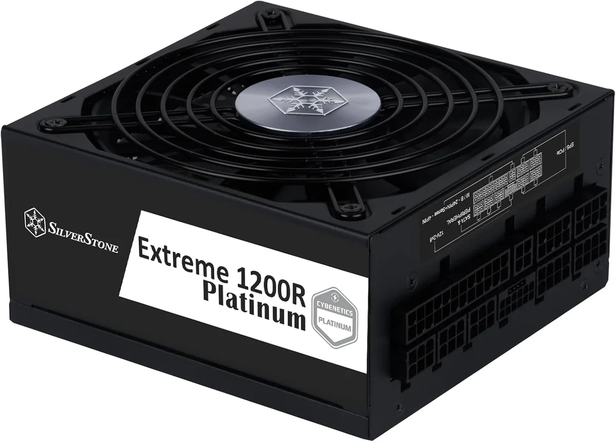 Black SFX-L power supply unit with modular cable sockets and a 120 mm fan grille
