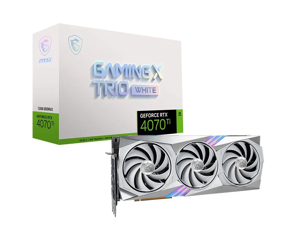 White triple-fan graphics card with silver accents and MSI branding